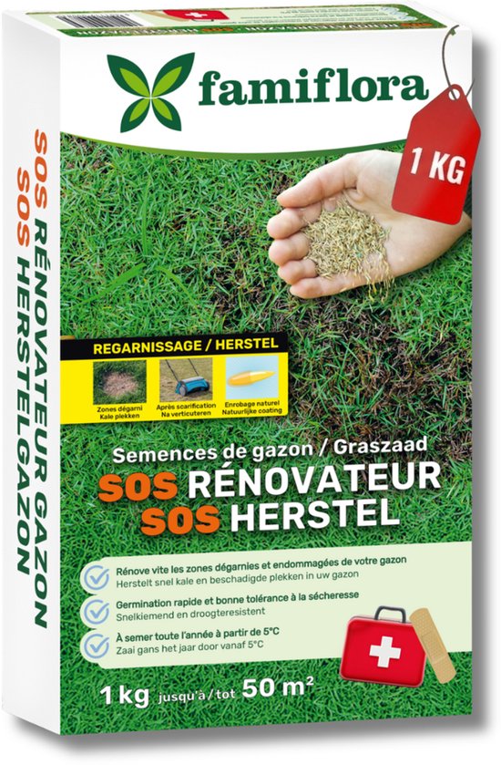 Famiflora graszaad 1kg tot 50m² - SOS herstelgazon - snel herstel kale plekken - Herstelt snel kale plekken voor een egaal gazon - Zaait zonder omspitten dus makkelijk en snel