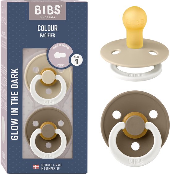 Verpakking met 2 BIBS Colour Glow spenen: Vanilla Glow en Dark Oak Glow. Maat 1.