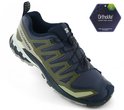 Salomon XA PRO 3D V9 schoen met blauwe en groene mesh, beige en crème zool, Ortholite label.