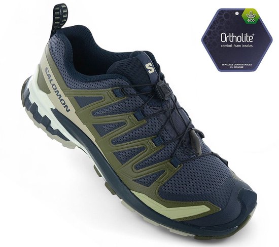 Salomon XA PRO 3D V9 schoen met blauwe en groene mesh, beige en crème zool, Ortholite label.