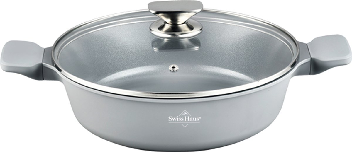 Swiss Haus® BLC34S Hapjespan Inductie met Deksel - Ø 34 cm / 6.7 Liter - PFAS Vrij - Hapjespannen Voor Alle Warmtebronnen - Braadpan Met Sapphire™ Antiaanbaklaag - Grijs