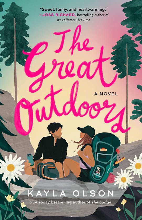 Een illustratie van een man en vrouw in de natuur, zittend naast een backpack. De titel 'The Great Outdoors' staat in felle letters.