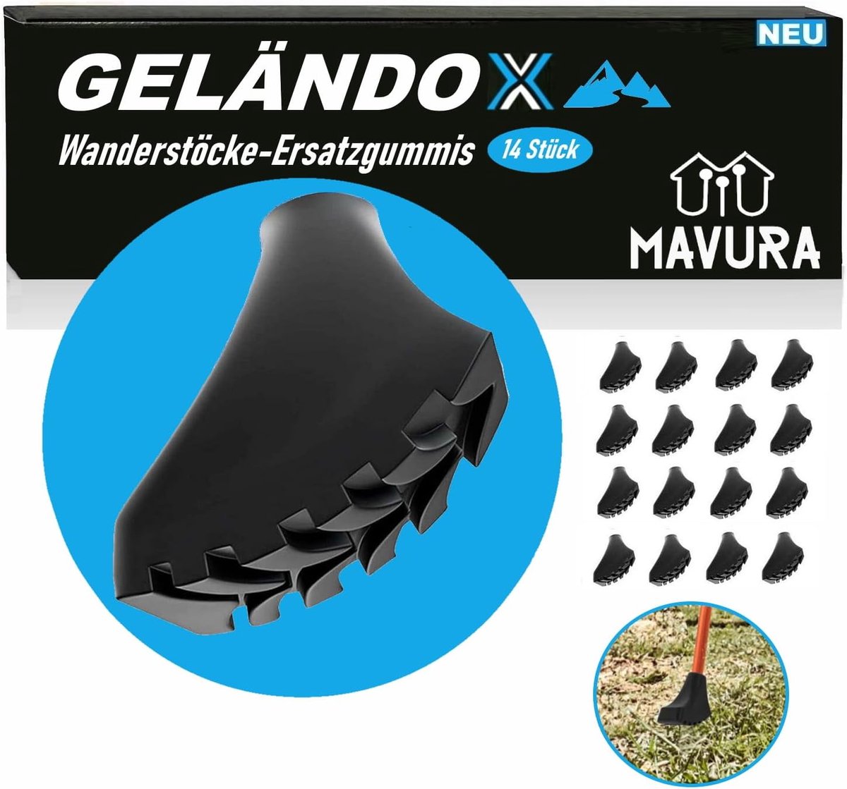 Wandelstok Pads - Reserve Rubber Doppen - Alle Terrein - Versterkte Metalen Plaat - Set van 14 - Zwart