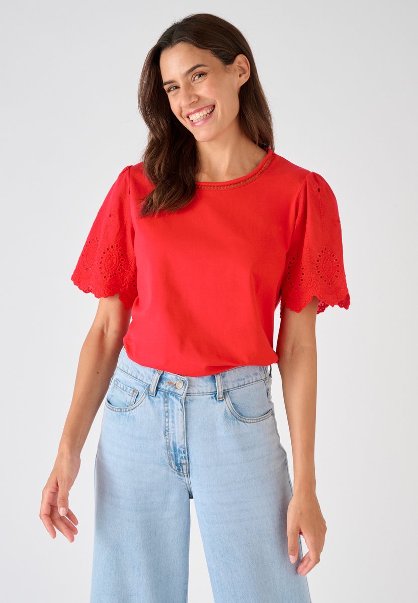 Damart - T-shirt van zuiver katoen met geborduurde mouwen - Dames - Rood - S