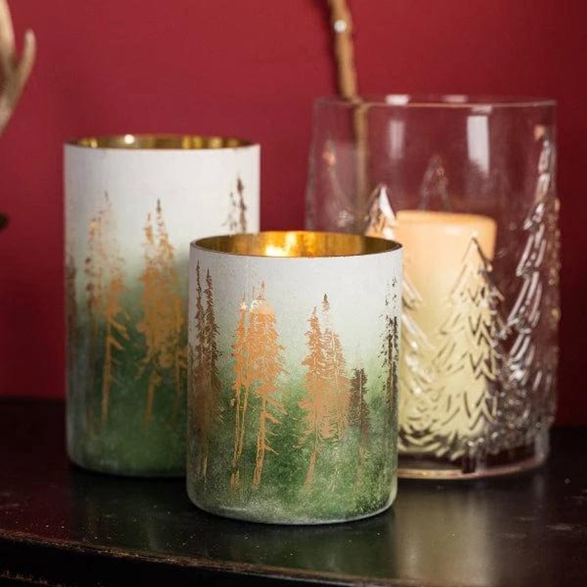 Kaarsenhouder 'Pines' - groot - Groen/Wit/Goud - Glas - H15 cm - Werner Voss