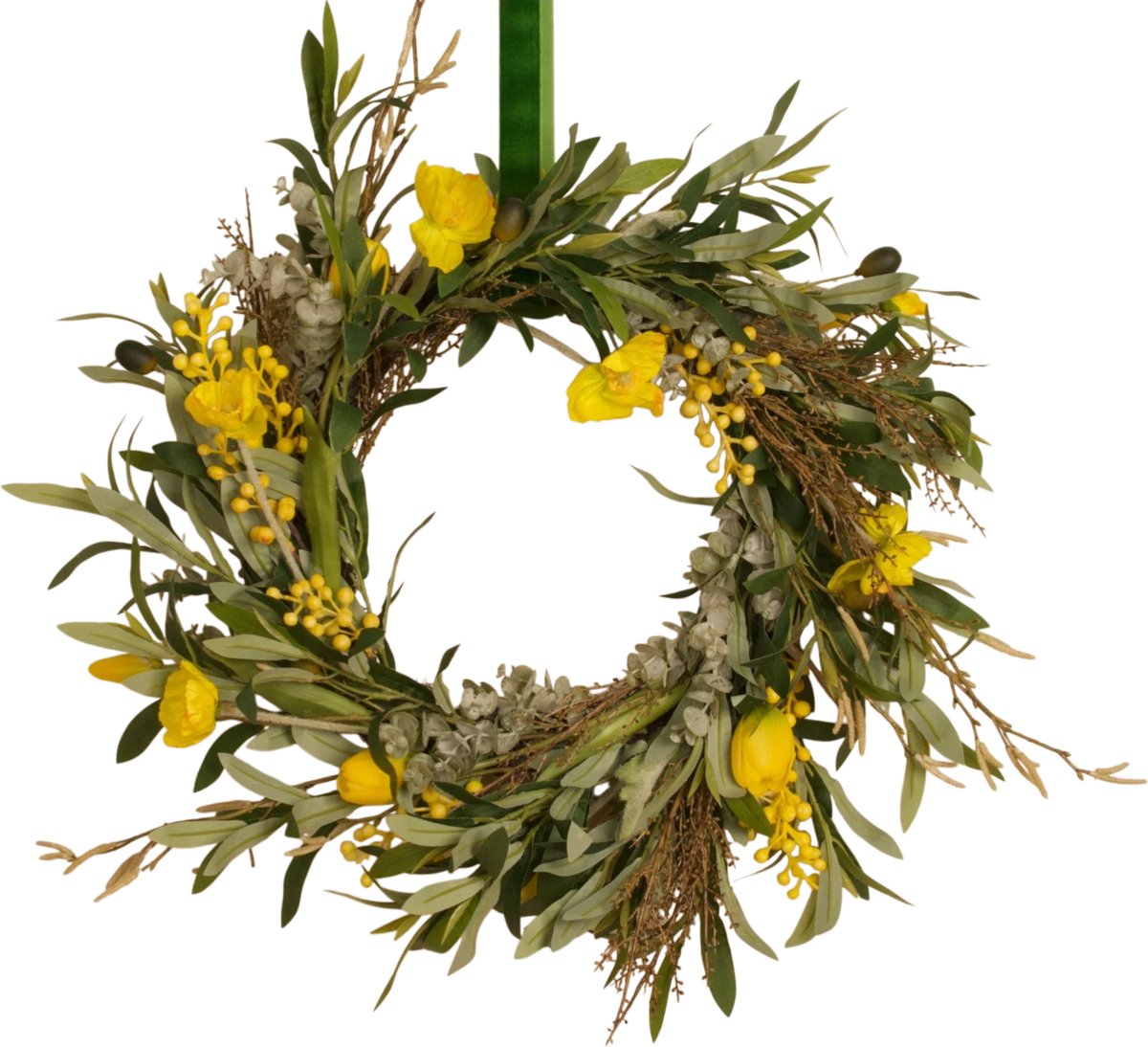 WinQ-Kunstkrans Olijf Geel 50cm –Tafelkrans-Paaskrans- Olijfkrans met Tulpen, Papaver en Eucalyptus-