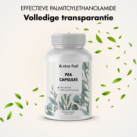 Witte fles met 'XTRA FUEL PEA CAPSULES' en bladeren die rondzweven.