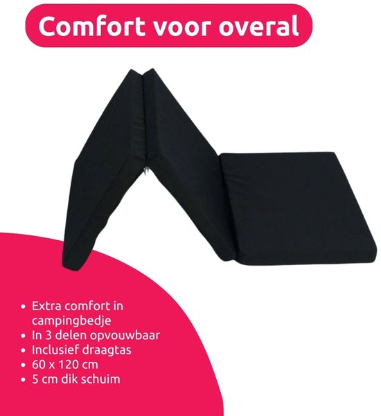 Zwart opklapbaar matras van 60 x 120 cm, 5 cm dik schuim, inclusief draagtas.
