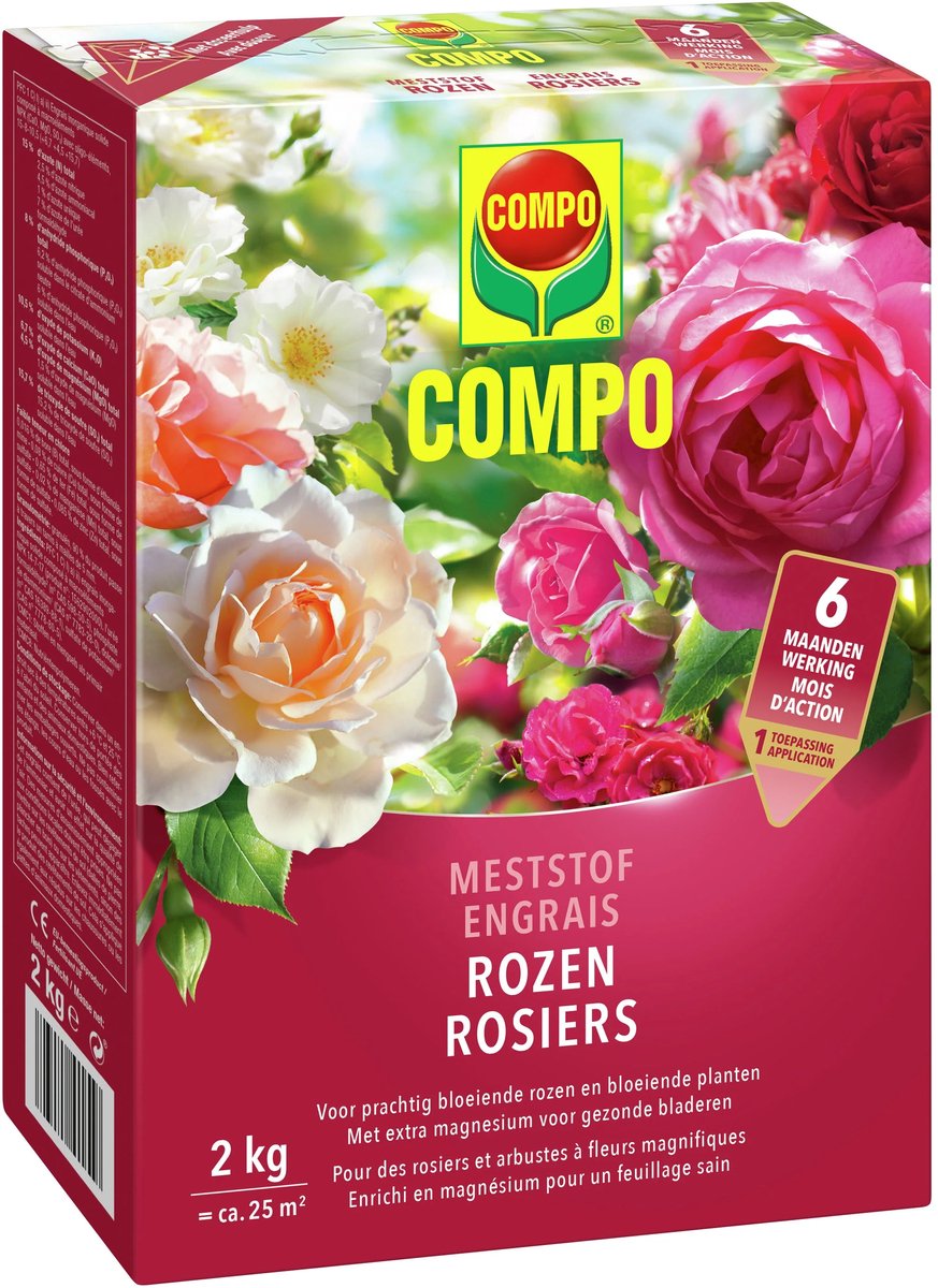 COMPO Meststof Rozen - directe en lange werking 6 maanden - voor een stevige groei en prachtige bloei - doos 2 kg