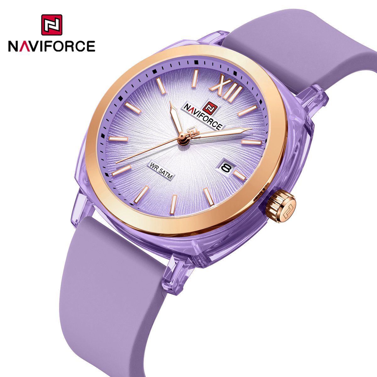 NAVIFORCE horloge met paars gefumeerde siliconen polsband, gouden horlogekast en paarse wijzerplaat voor dames met stijl ( Model 6111 P )