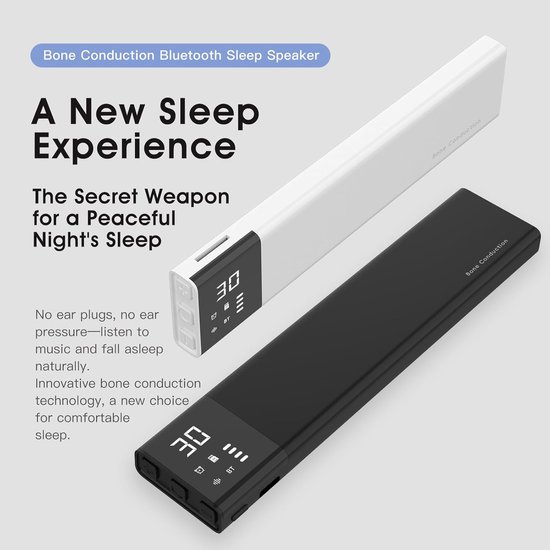 Deze slaapluidspreker met botgeleiding voor onder het kussen heeft een display, een langwerpig ontwerp, Bluetooth-witte ruisfunctie, 36 ingebouwde slaapgeluiden, een 650mAh-batterij, een timer en een TF-kaartsleuf. (Zwart) van Merkloos — afbeelding 3