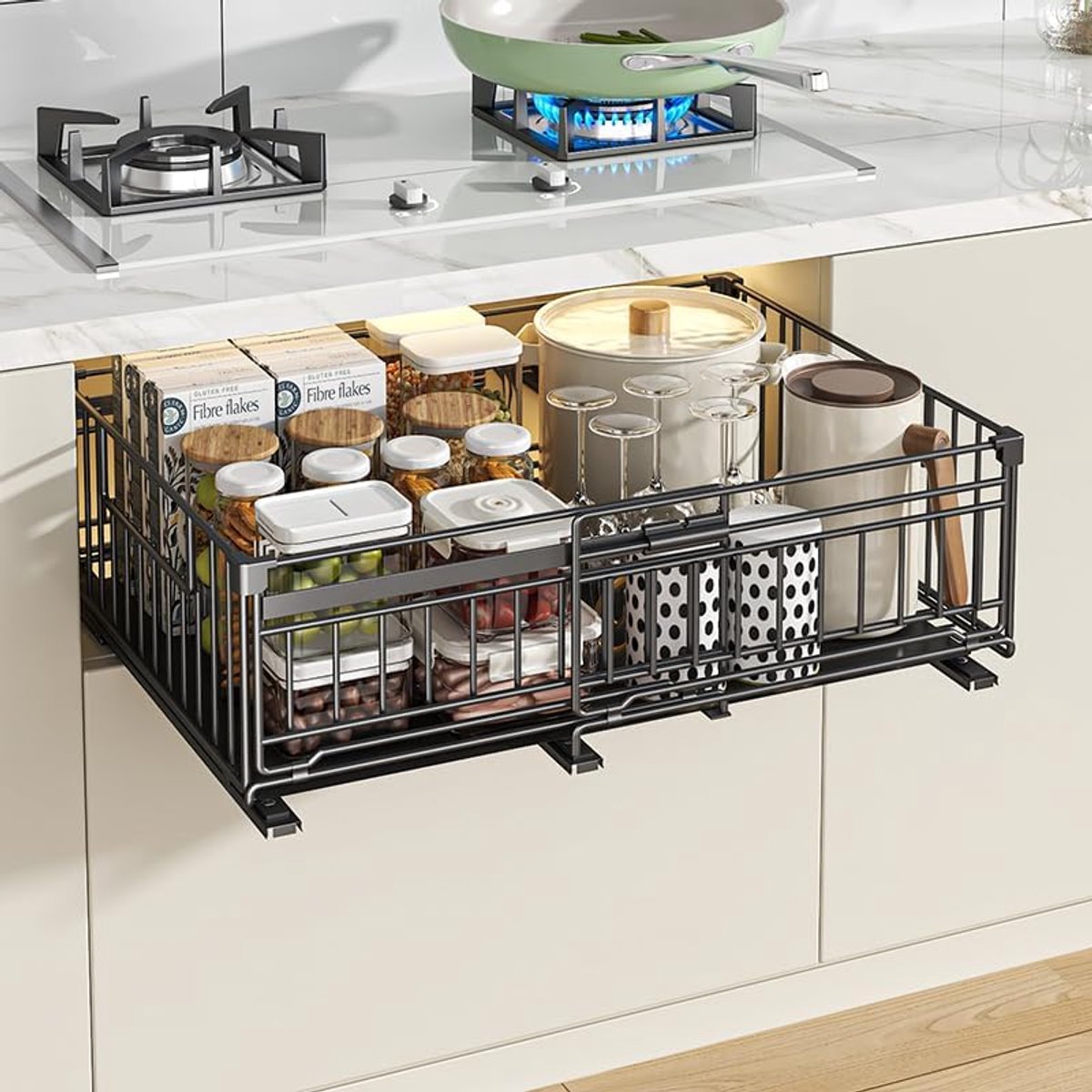 Keukenlade - Schuiflades - Uitschuifbare Keukenkast Organizer - Zelfklevend (Zonder Boren) - Verstelbare Breedte (32.5 tot 50 cm) - Uittrekbare Lade voor Keuken & Voorraadkast