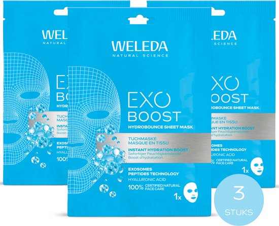 Drie verpakkingen van Weleda Exo Boost Hydrobounce Tuchmaske, met een blauwe cirkel met '3 STUKS'.