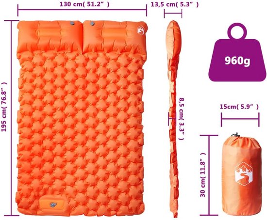 Kampeermatras 2 personen - Campingbed veldbed - Comfortabel slapen buiten - Zelfopblazend met voetpomp - 195x130x8.5 cm - Oranje — afbeelding 5