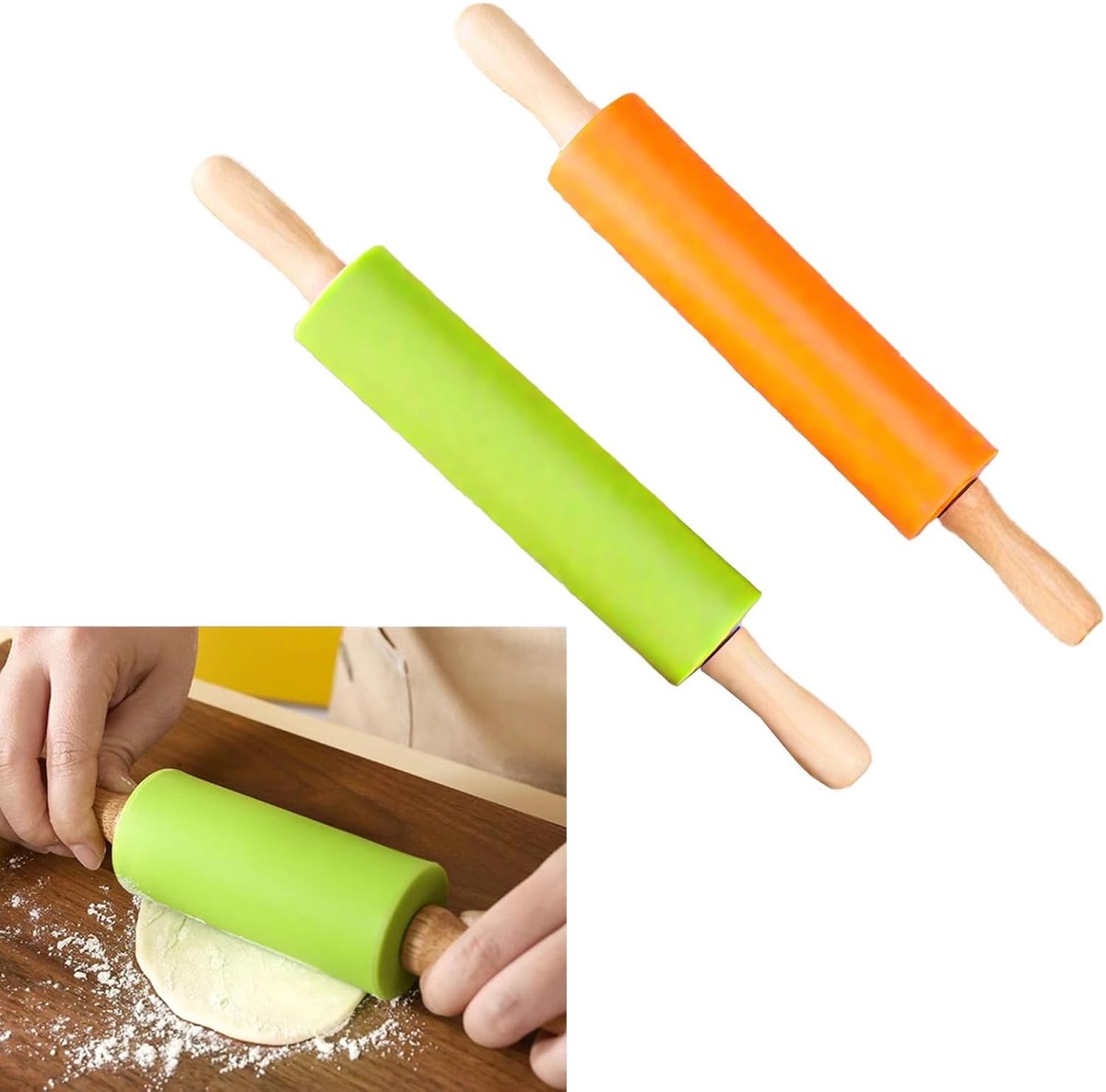 Siliconen Deegroller - Bakbenodigdheid - Deeg Uitrollen - Set van Twee - 22 cm - Groen Oranje