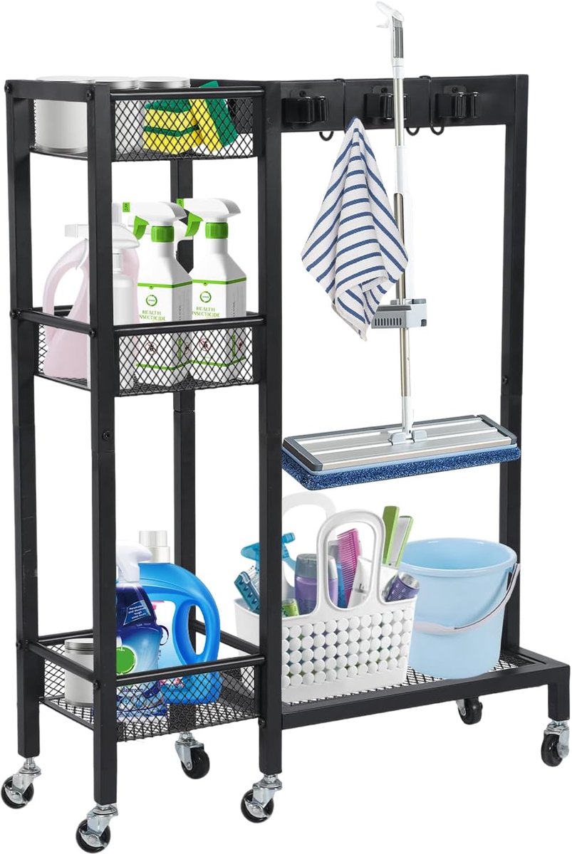 Reinigingswagen met Houder - Mobiele Schoonmaakkar - Efficiënt Schoonmaken - 6 Wielen met Rem - 86x65x23 cm - Zwart