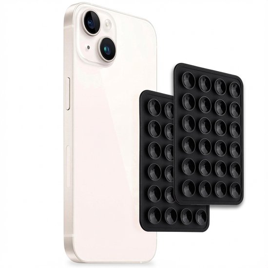 Deux autocollants noirs à ventouses pour téléphone avec 24 ventouses chacun, à côté d'un iPhone blanc.