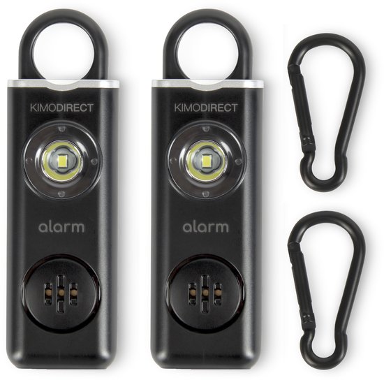 KIMO DIRECT Persoonlijk Alarm met Karabijnhaak - Alarm Sleutelhanger - Zelfverdediging - Vrouwen & Senioren - 130dB - Zwart - 2 Stuks