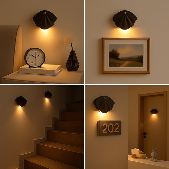 Nachtlampje met bewegingssensor - sensorlamp - LED nachtlamp - USB oplaadbaar - draadloos magnetisch - 3 kleurstanden - auto/altijd aan - schelpvorm wandlampje - zwart - grote batterij van Merkloos — afbeelding 4