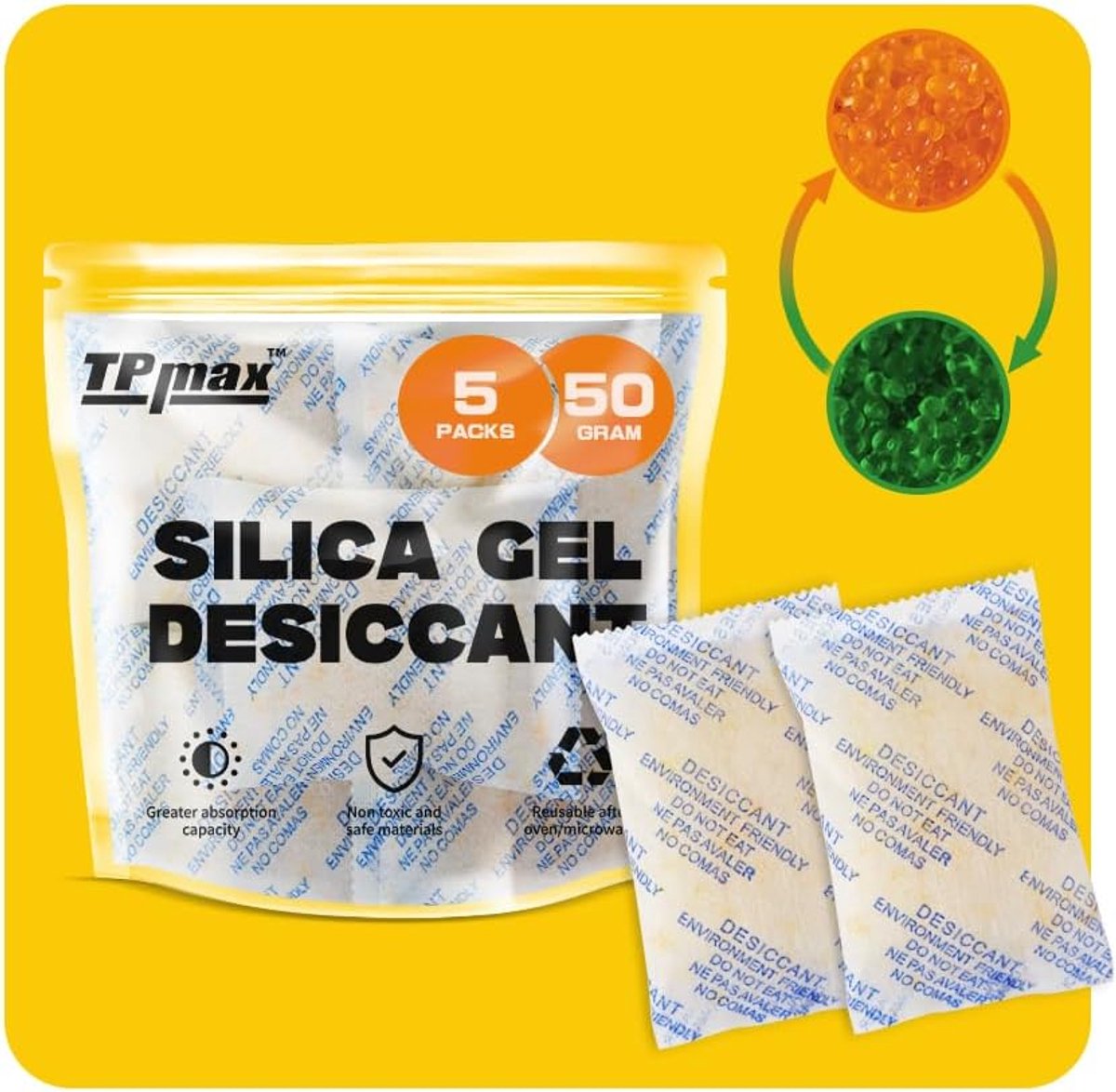 Silicagel Droogzakjes - Herbruikbare Ontvochtigers - Bescherming Tegen Vocht - Met Kleurindicator - 50g Per Stuk - Geel