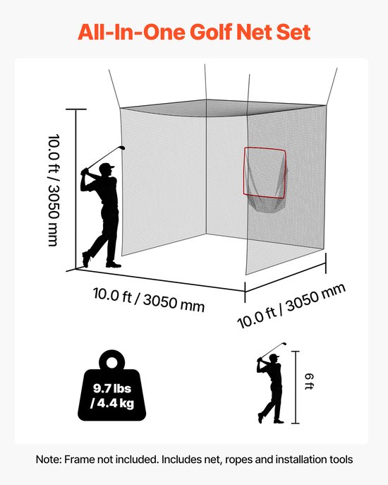 VEVOR Golf Slagkooi 305x305x305 Cm, Driving Cage Met 3-Laags en Knooploos Polyesterweefsel, Golf- en 9-Holes Honkbaldoel, Golf Slagnet, Trainingsnet, Oefennet voor Binnen- en Buitengebruik van VEVOR — afbeelding 4
