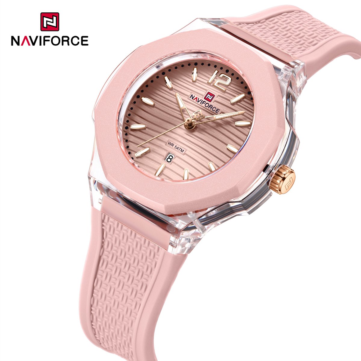 NAVIFORCE horloge met roze gefumeerde siliconen polsband, roze horlogekast en roze wijzerplaat voor dames met stijl ( Model 6109 SPP )
