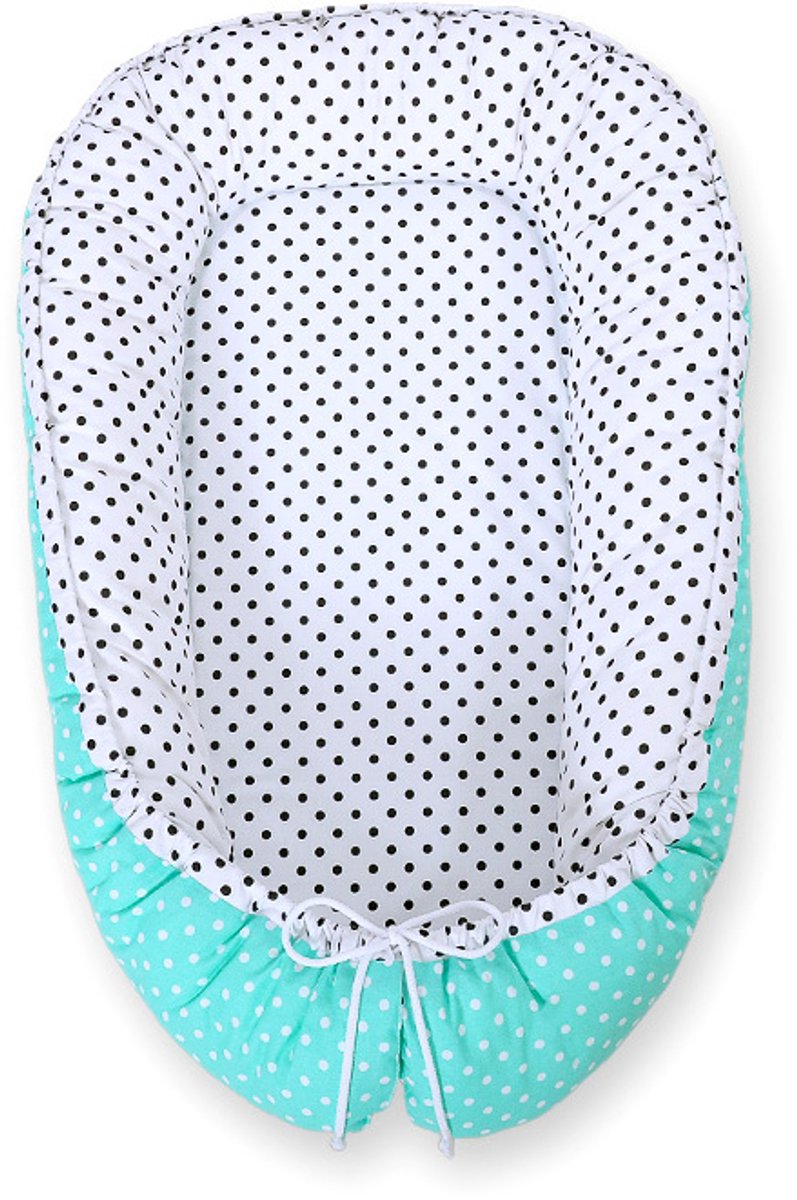 Babynest dubbelzijdig Premium Cocoon voor baby's BOBONO - zwarte stippen witte stippen op mint