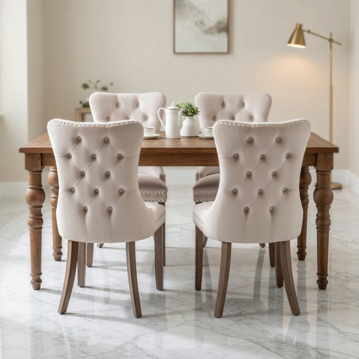 Elegant Getufte Eetkamerstoelen Set van 4 – Hoge Rug, Fluweel Zitting, Houten Poten, Retro Klinknagel Design – Comfortabele, Zachte Stoelen voor Keuken en Eetkamer – Novihome