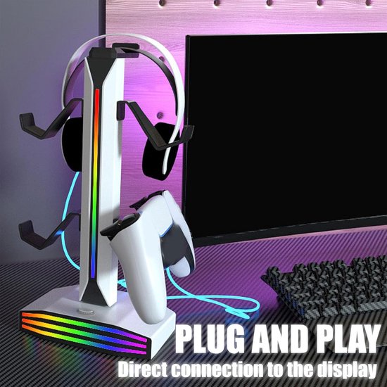 Gaming Headset Stand - Controller Houder - Bureau Organiseren - Met RGB Verlichting - 29.8cm Lang - Zwart — afbeelding 5