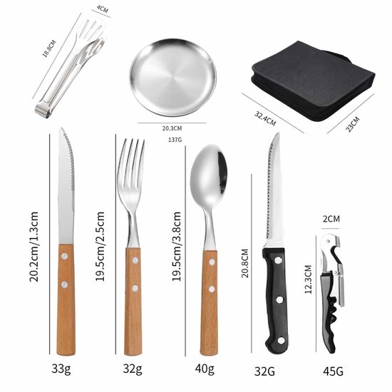 Camping Bestekset 4 Personen - RVS met Houten Handvat - 20-delig - Inclusief Borden, BBQ Tang & Opbergtas - Picknick & Outdoor Set van Merkloos — afbeelding 2