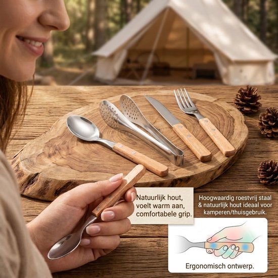 Camping Bestekset 4 Personen - RVS met Houten Handvat - 20-delig - Inclusief Borden, BBQ Tang & Opbergtas - Picknick & Outdoor Set van Merkloos — afbeelding 3