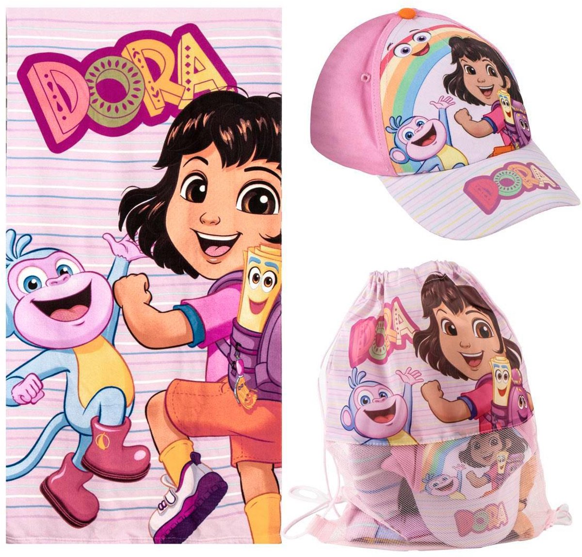 Dora Strandset Meisje – Strandlaken, Zwemtas en Pet – Dora Explorer Strand Accessoires