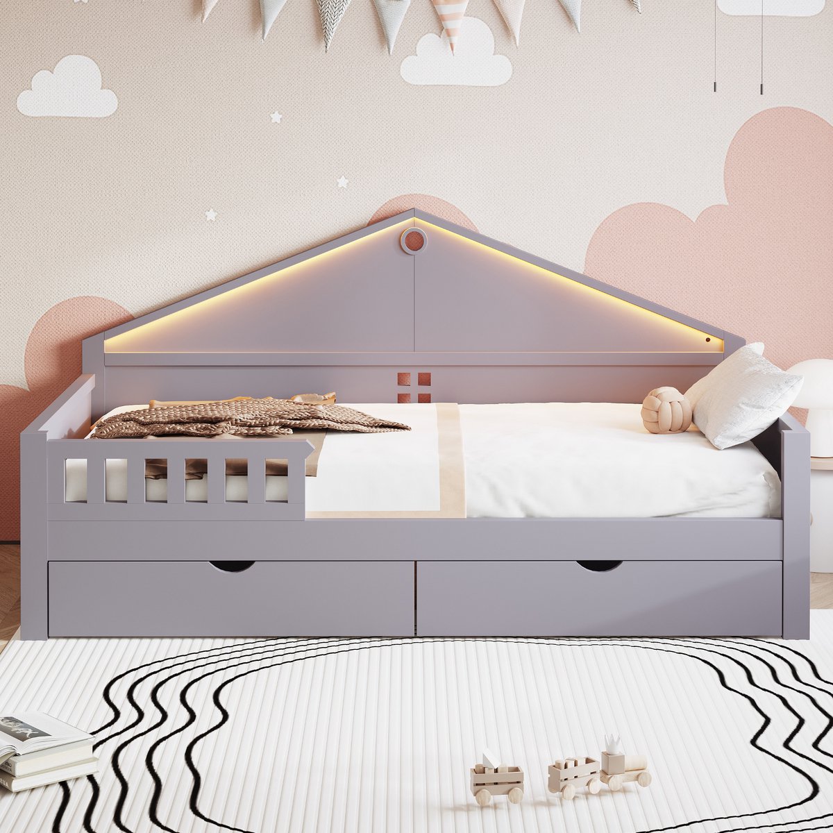Kinderbed 90×200 cm - met lamp en lade - eenpersoonsbed - tienerbed - grijs - zonder matras