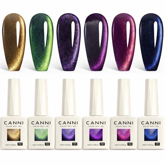 Zes CANNI Color Nail Gel flacons en applicatie-swatches met magisch 'cateye' effect in goud, groen, paars, roze en blauw.