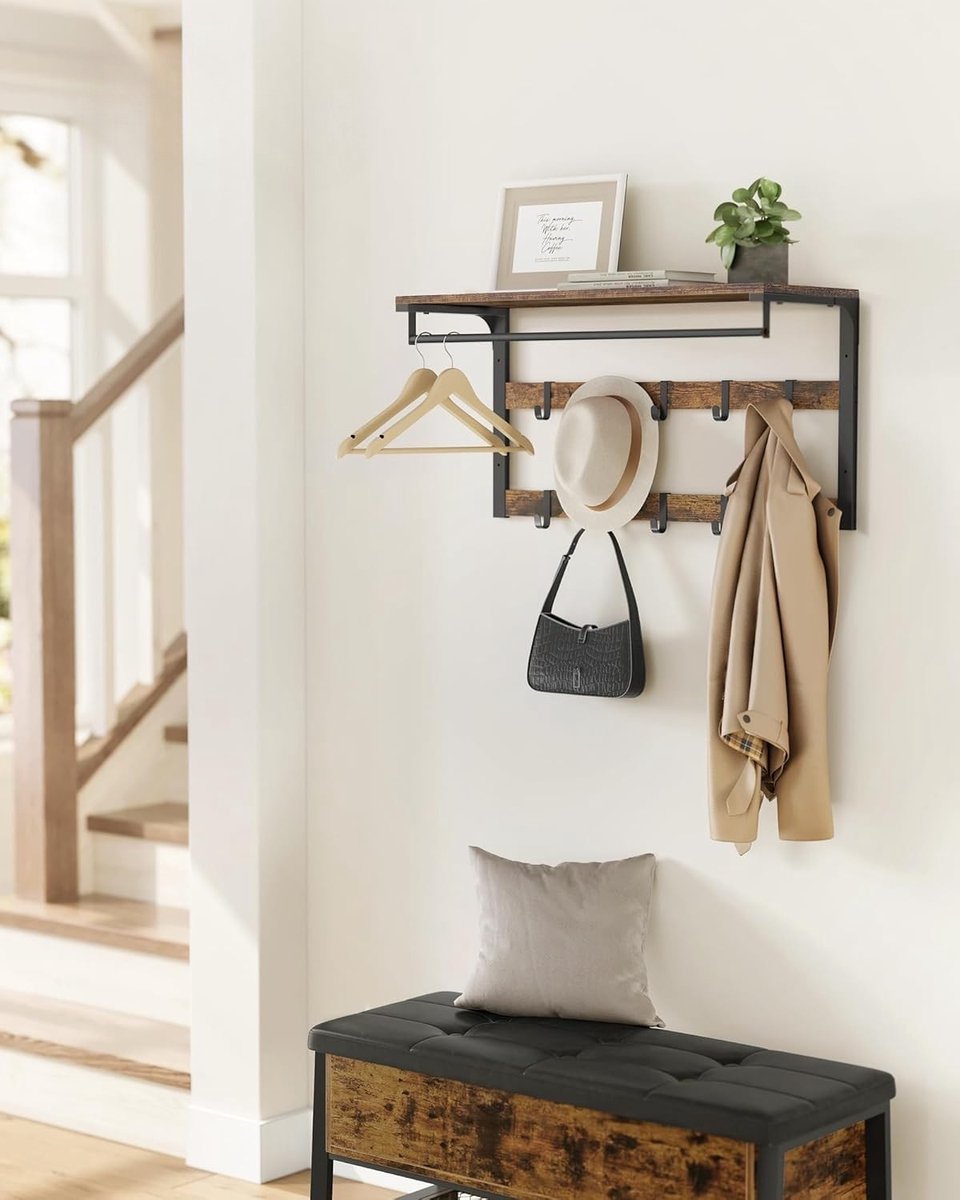 Parya Home Wandkapstok met Plank – Ruimtebesparende wandplank met 10 afneembare haken, vintage bruin-zwart