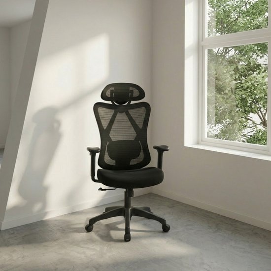 Parya Home Ergonomische Bureaustoel – Verstelbare computerstoel met lendensteun en hoofdsteun, belastbaar tot 150 kg, in hoogte verstelbaar, zwart