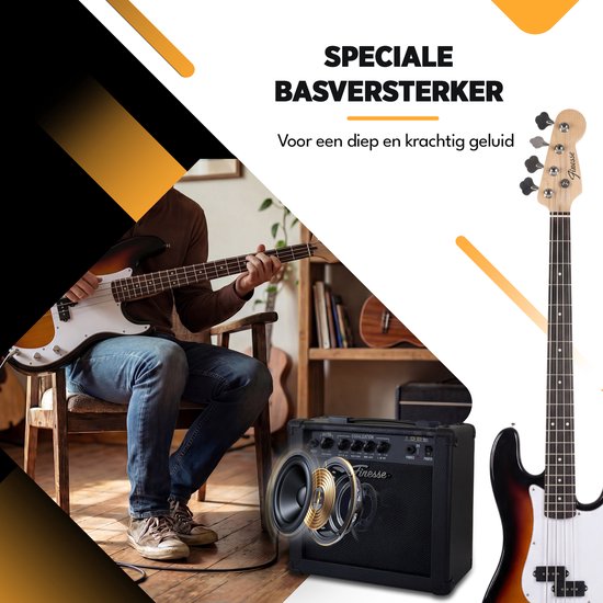 Man speelt op een sunburst basgitaar naast een Finesse basversterker.