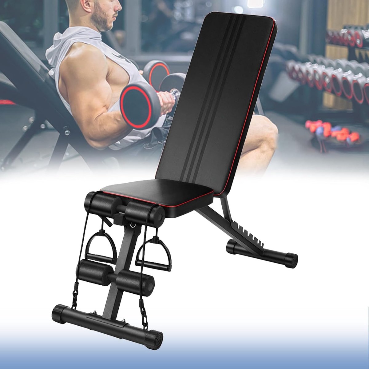 Fitnessbank Opvouwbaar - Krachtbank Halterbank - Full Body Workout - 7 Posities Verstelbaar - 42x125x102cm - Zwart Rood