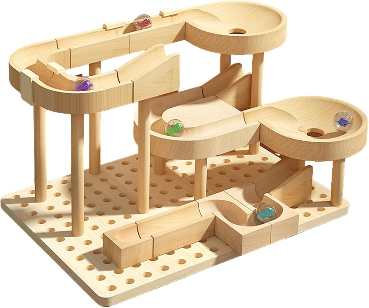 Knikkerbaan Kinderen - Doe-het-zelf Bouwset - Creatief Spelen - Traagheidsaandrijving - 225 x 165 cm - Houtkleur