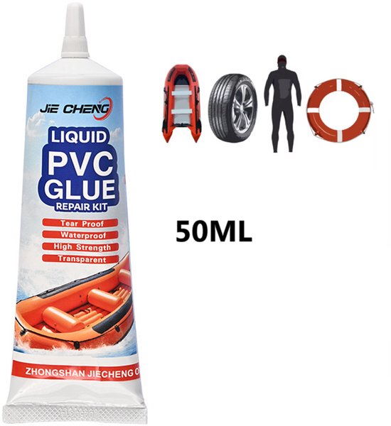 Tube PVC lijm van 50ml met afbeeldingen van een opblaasboot, autoband, duikpak en zwemband.