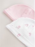 Twee baby mutsjes, een roze gestreept en een met olifantjesprint.