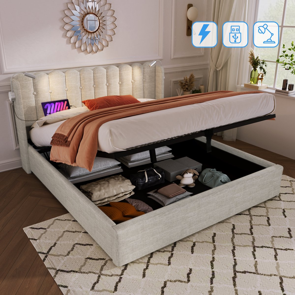 REDOM tweepersoonsbed 160x200 cm – Linnen naturel – Leeslamp, USB, hydraulische opbergruim