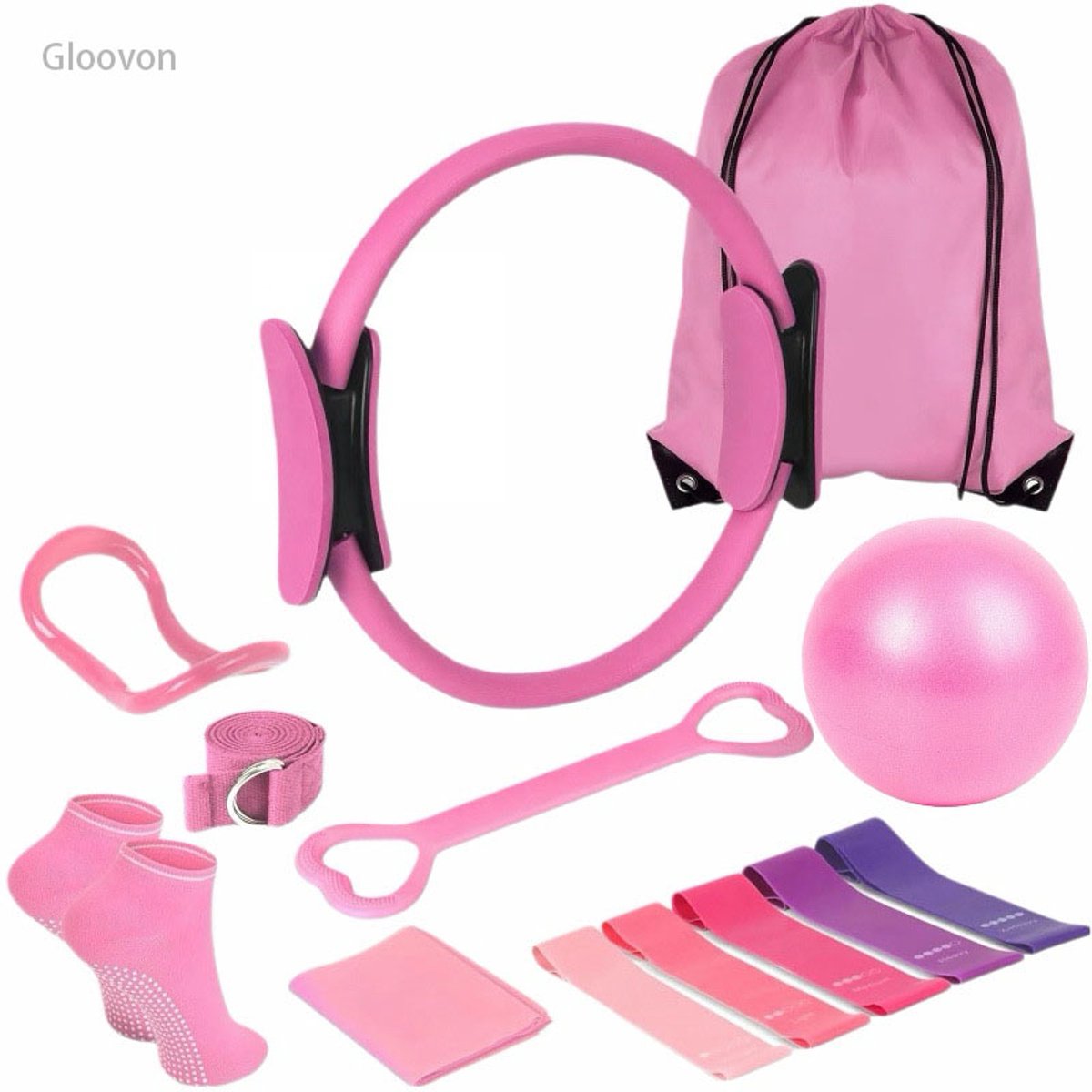 Gloovon® 13-Delige Pilates Set - Incl. Pilates Ring & Bal - 5 Weerstandsbanden - Thuis Workout - Roze