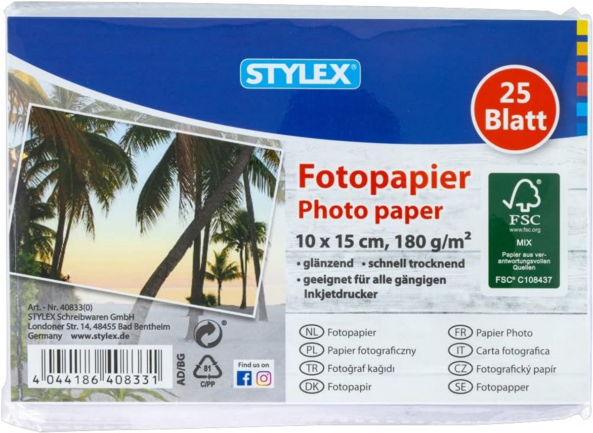 Fotopapier 10x15 cm, 180 g/m², Glanzend, Sneldrogend, FSC-gecertificeerd, 25 vellen