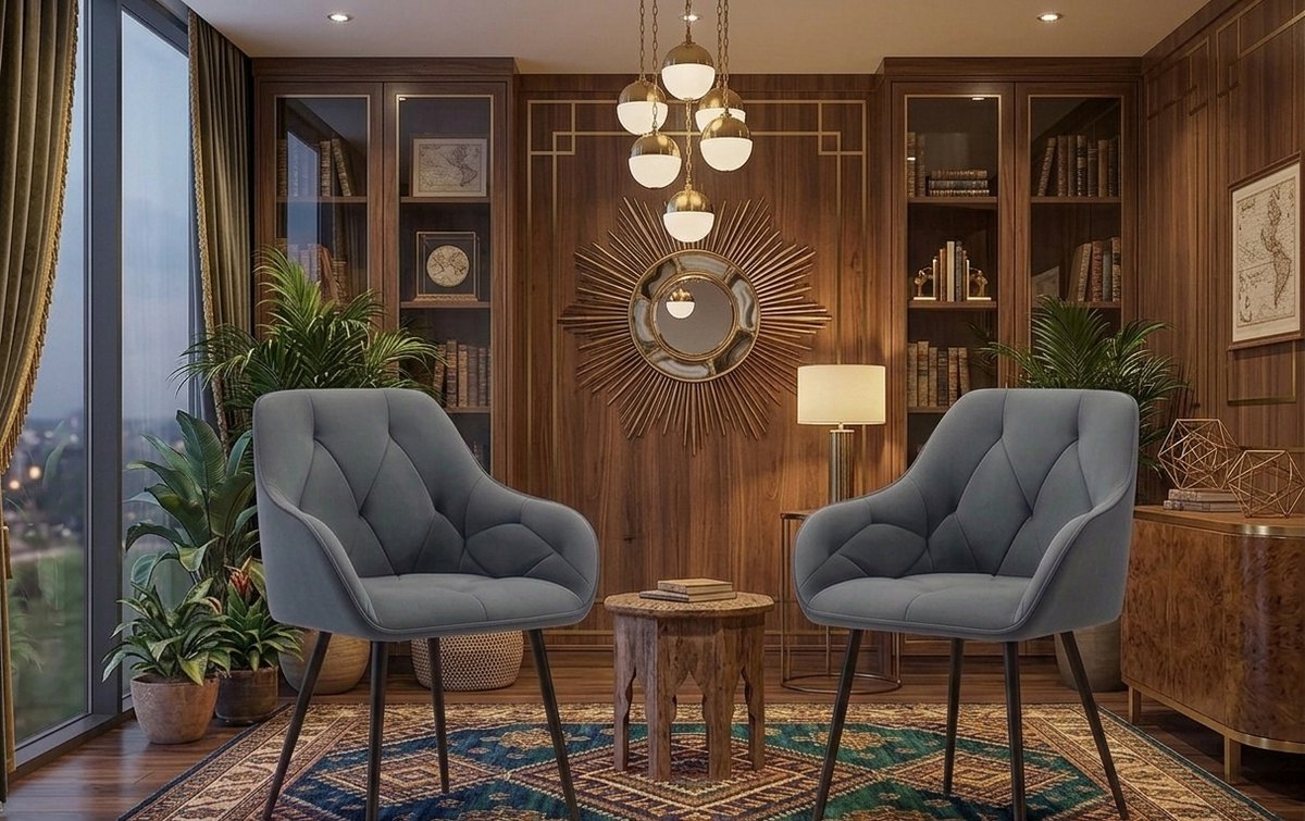 Luxe Fluwelen Eetkamerstoelen met Armleuningen – Ergonomische Gestoffeerde Stoelen met Metalen Poten – Comfortabele Keukenstoel / Woonkamerstoel – Donkergrijs – Set van 2 – Casa Serena – Afmetingen...