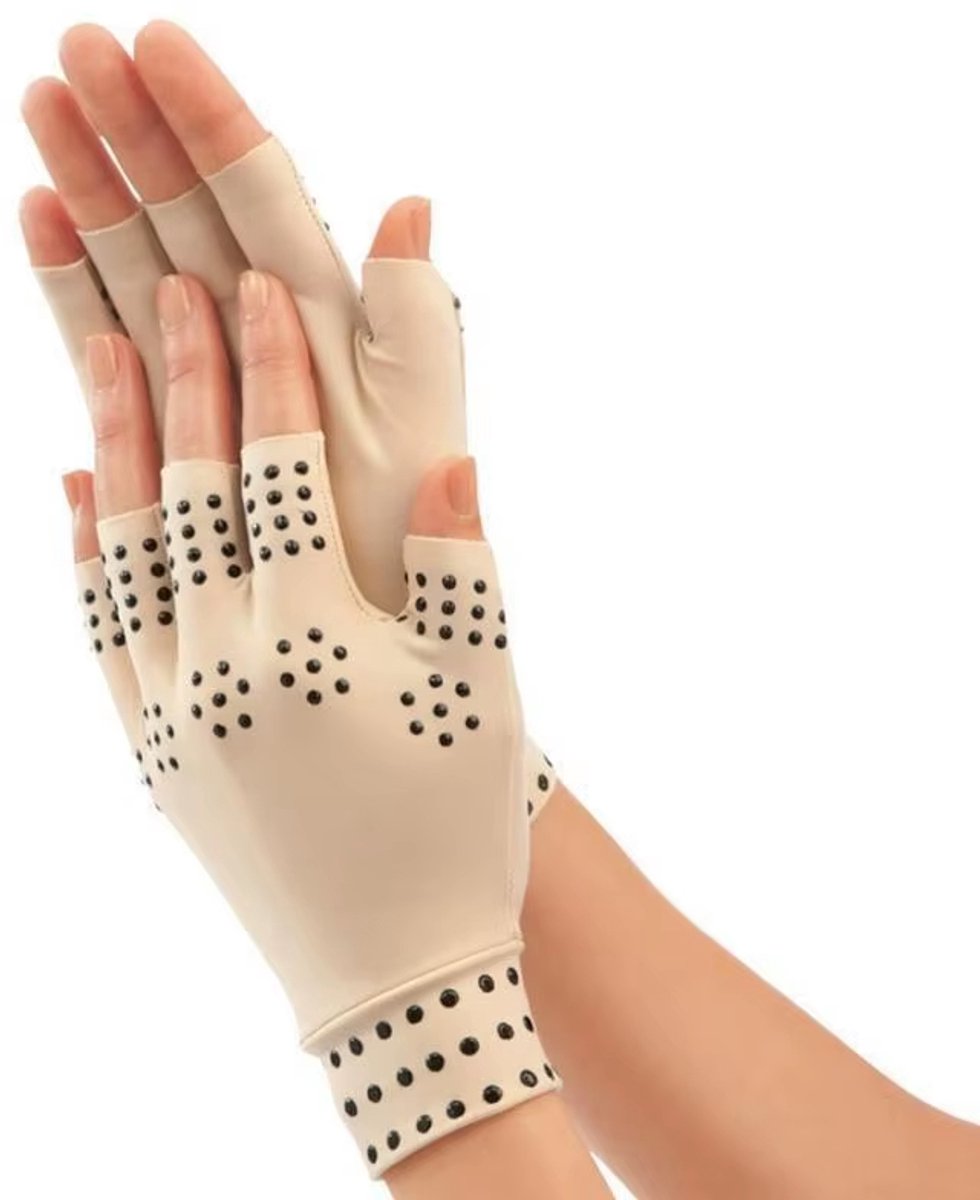 Magnetische Therapie Handschoenen – Vingerloze Compressiehandschoenen voor Gewrichtspijn Reumatoïde Artritis en Handpijn bij Mannen en Vrouwen Beige