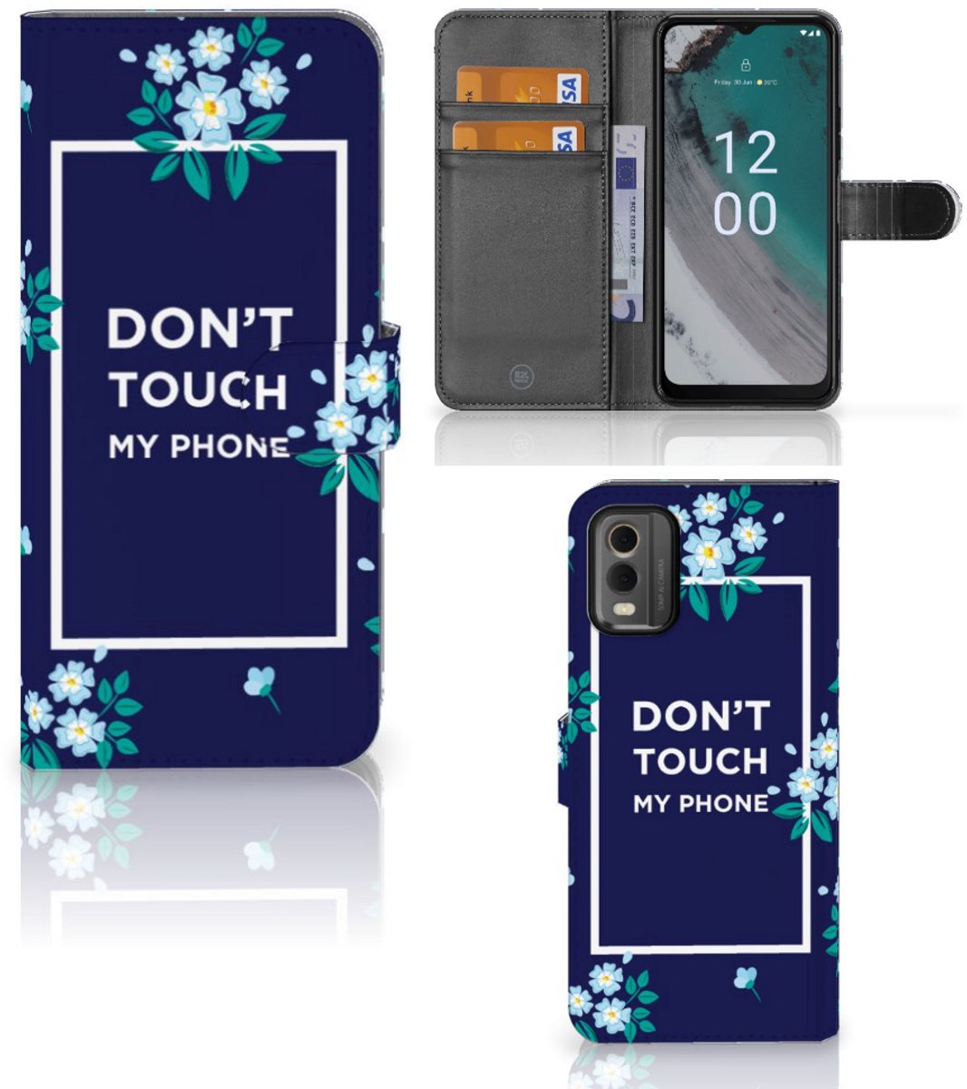 Nokia C32 Portemonnee Hoesje Flowers Blue DTMP