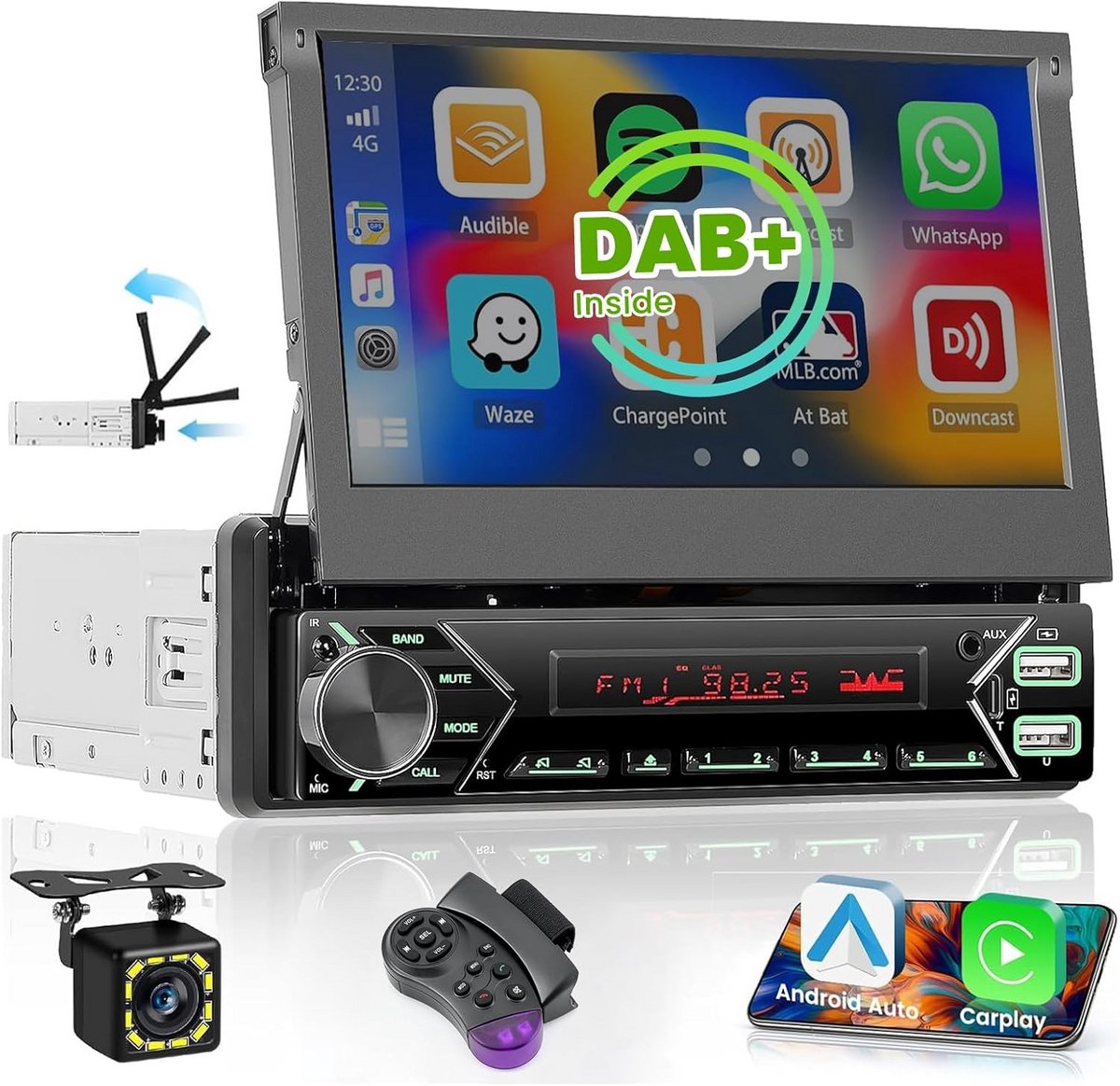 1 Din Autoradio met DAB+, Draadloze CarPlay en Android Auto, Bluetooth en Achteruitrijcamera