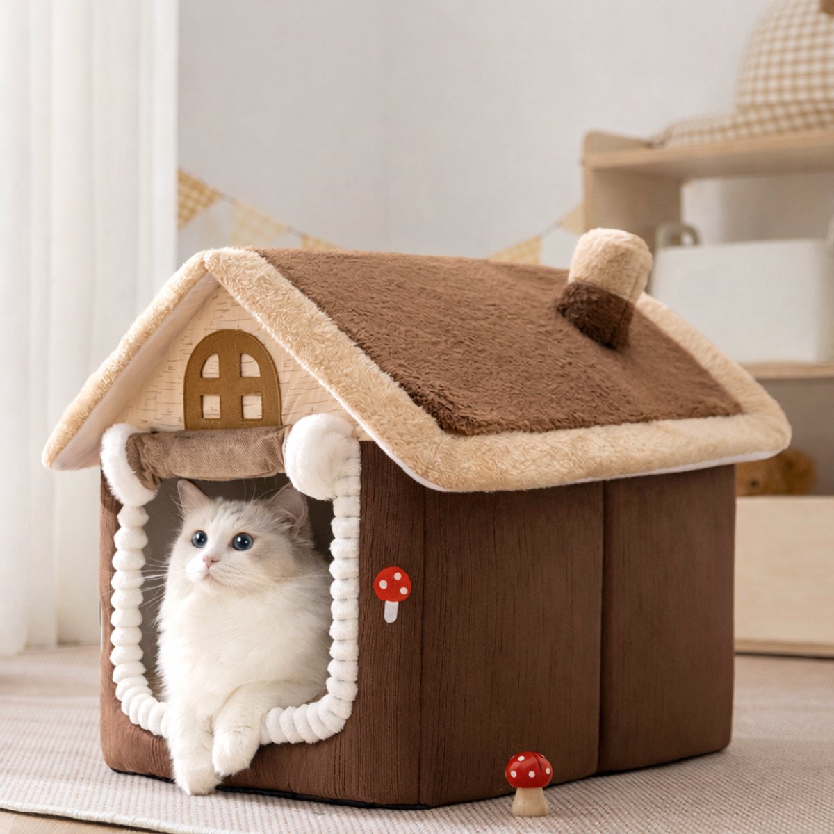 Luxe Kattenhuisje & Hondenmand - Pluche Huis-Vorm - Maat L (49x39x46 cm) - Bruin/Beige - Zacht Holletje - Anti-Stress Slaaptent voor Grote Kat & Hond