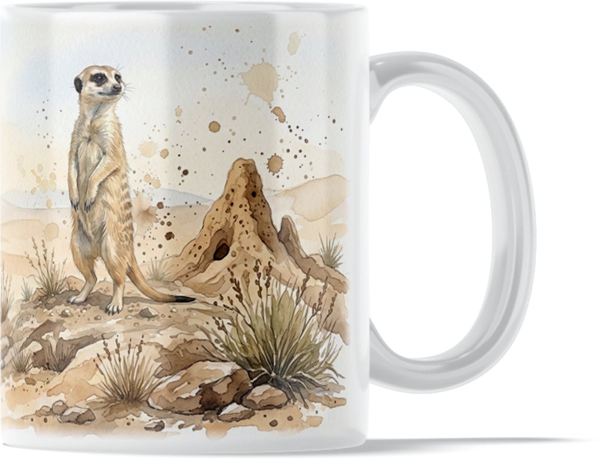 Aquarel Series Koffiemok met Waakse Stokstaartjes in Woestijnlandschap - Theemok voor op het Werk - Unieke Dierenprint Drinkbeker met Safari Ontwerp - Leuk Cadeau voor haar: Vrouw, Vriendin of Collega - Afrikaanse Natuur Design